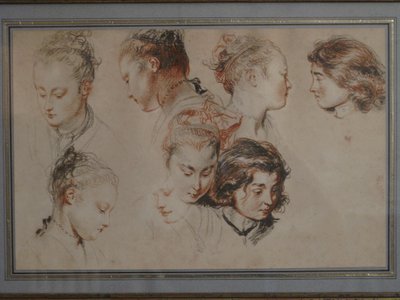 Sketch Drawings with Young Lady Heads by Jean Antoine Watteau